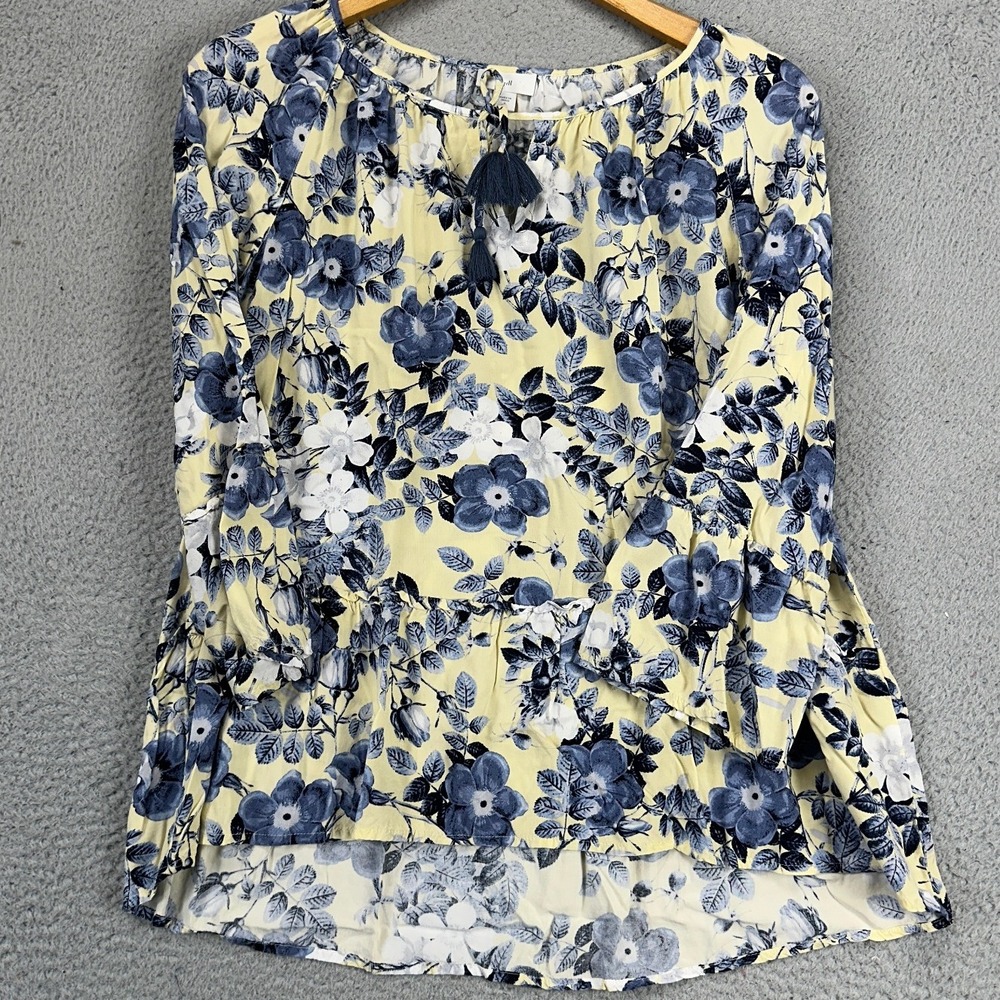 J. Jill Blouse Shirt Womens Small Blue Yellow Floral 3 Quarter‎ Sleeve Boat Neck